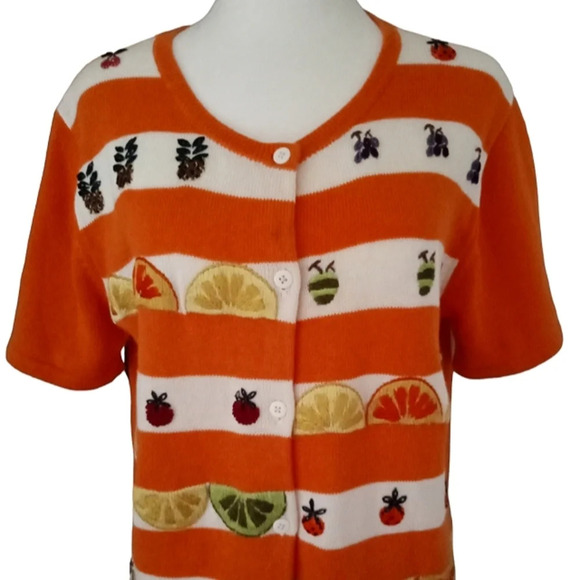 Vintage Great Cavalier Orange White Stripe Fruit Embroidered Knit Top Size Small - Picture 2 of 7